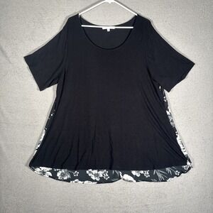 Rose + Olive Black Floral Mixed Media Tunic Top Women 2X Short Sleeve Scoop Neck